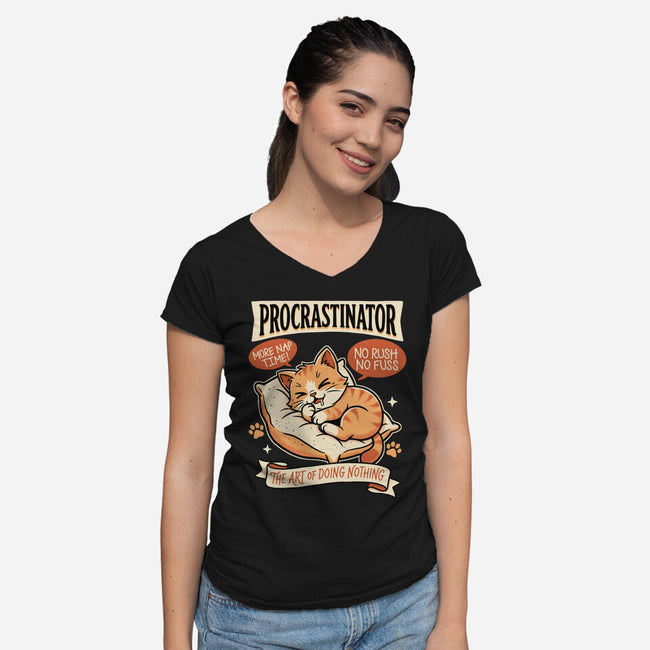 Procrastinator Cat-Womens-V-Neck-Tee-P1yu5h