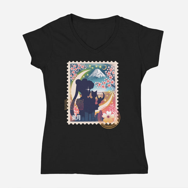 Moon Mail Stamp-Womens-V-Neck-Tee-dandingeroz