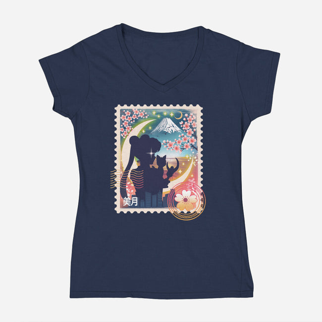Moon Mail Stamp-Womens-V-Neck-Tee-dandingeroz