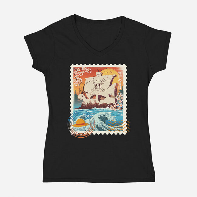 Pirate Mail Stamp-Womens-V-Neck-Tee-dandingeroz