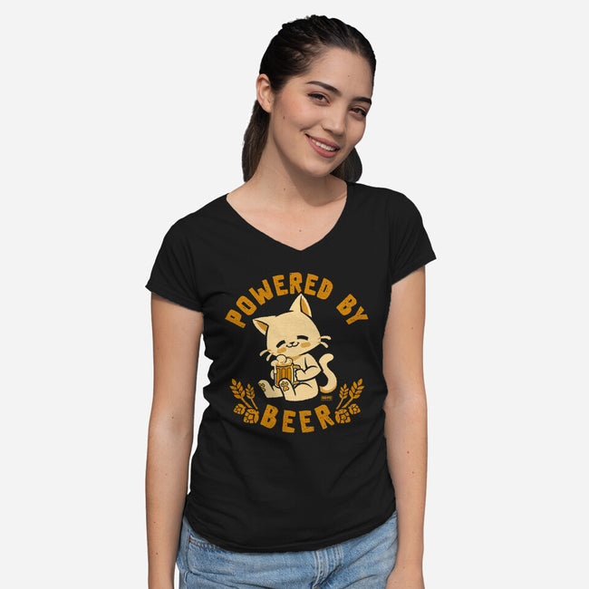 Powered By Beer Cat-Womens-V-Neck-Tee-worlddominationforcats