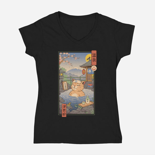 Onsen Cat Meowster-Womens-V-Neck-Tee-vp021