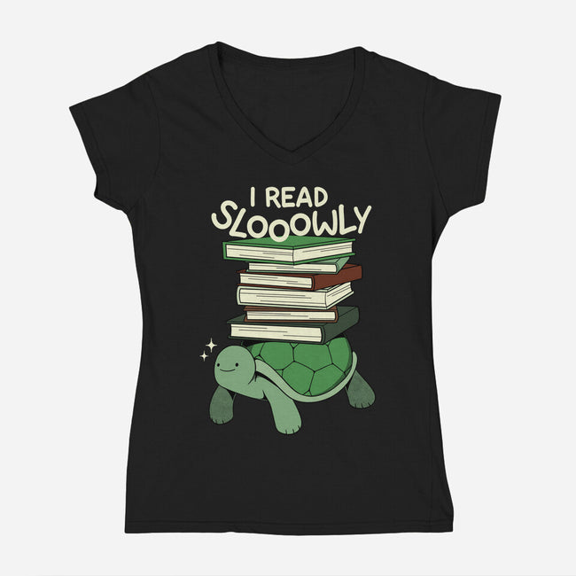 Slow Reader Turtle Books-Womens-V-Neck-Tee-tobefonseca