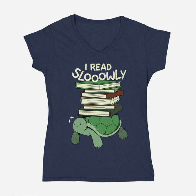 Slow Reader Turtle Books-Womens-V-Neck-Tee-tobefonseca