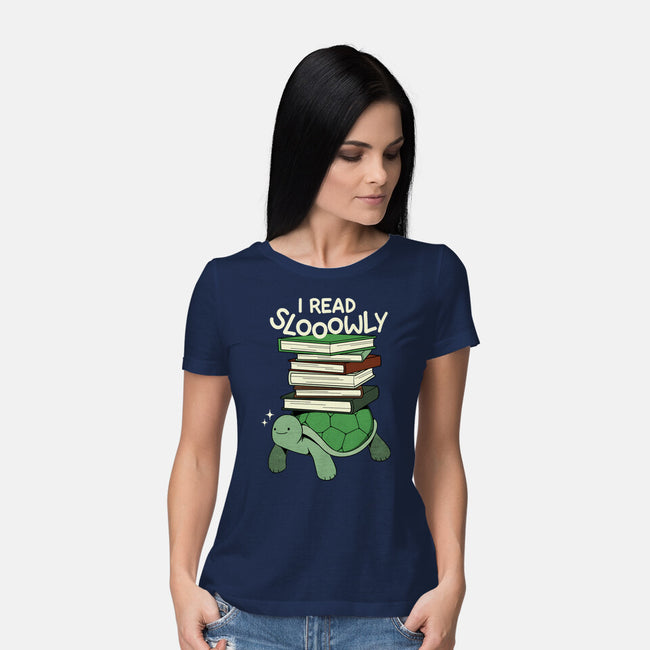 Slow Reader Turtle Books-Womens-Basic-Tee-tobefonseca