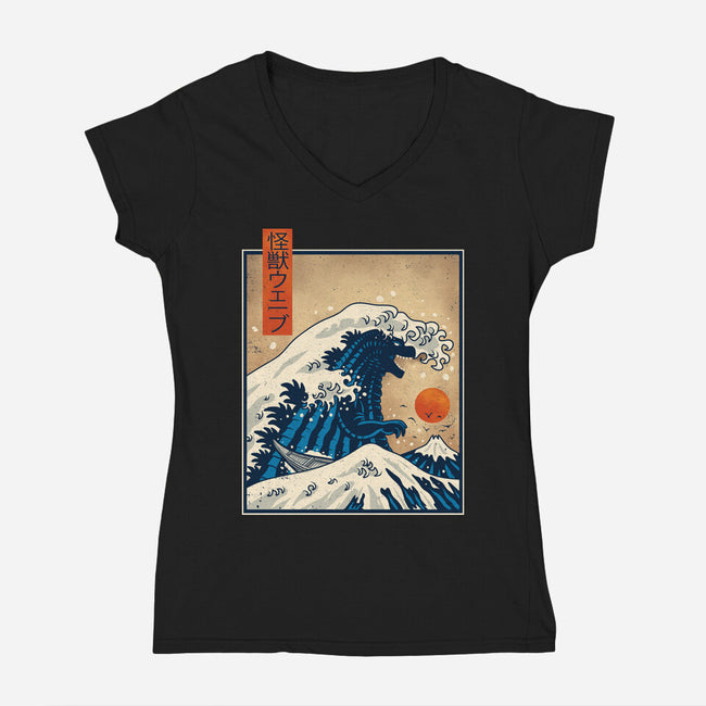The Great Kaiju Wave-Womens-V-Neck-Tee-erion_designs