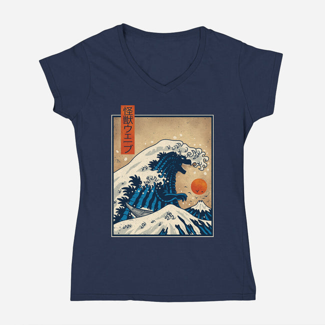 The Great Kaiju Wave-Womens-V-Neck-Tee-erion_designs