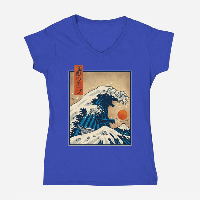 The Great Kaiju Wave-Womens-V-Neck-Tee-erion_designs