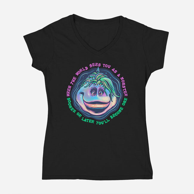 Becoming A Monster-Womens-V-Neck-Tee-glitchygorilla