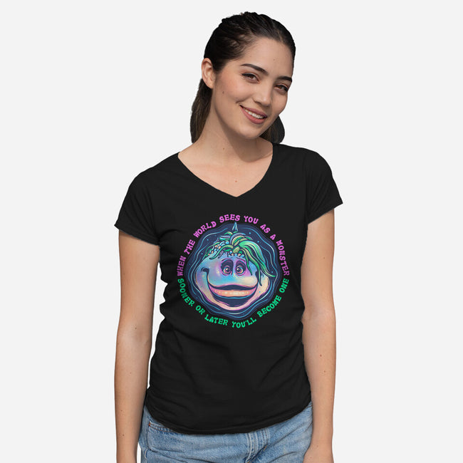 Becoming A Monster-Womens-V-Neck-Tee-glitchygorilla