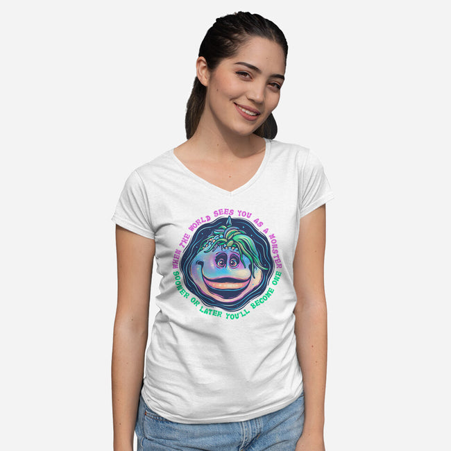 Becoming A Monster-Womens-V-Neck-Tee-glitchygorilla