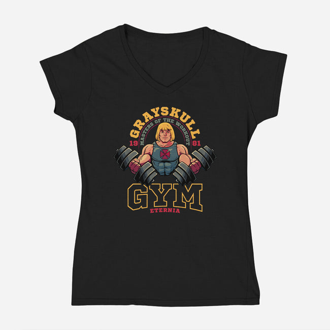Grayskull Gym-Womens-V-Neck-Tee-teesgeex