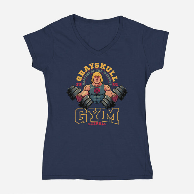 Grayskull Gym-Womens-V-Neck-Tee-teesgeex