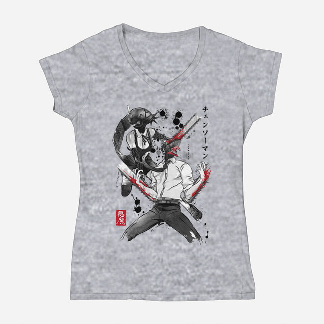 Chainsaw Man And The Bomb Girl-Womens-V-Neck-Tee-DrMonekers