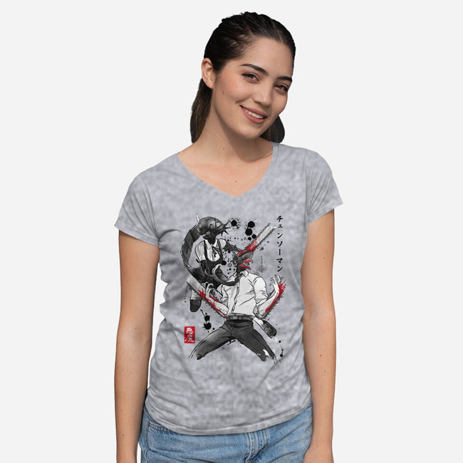 Chainsaw Man And The Bomb Girl-Womens-V-Neck-Tee-DrMonekers