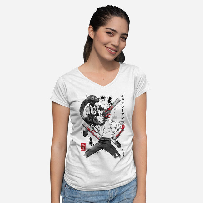 Chainsaw Man And The Bomb Girl-Womens-V-Neck-Tee-DrMonekers