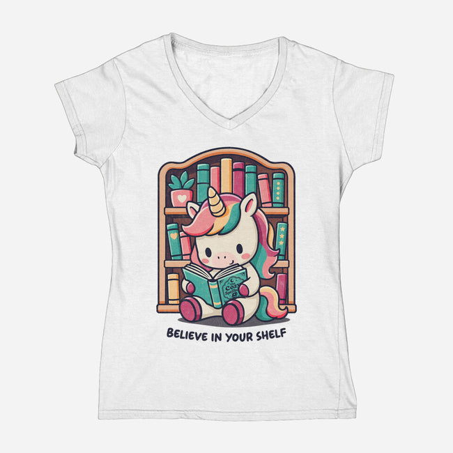 Believe In Your Bookshelf-Womens-V-Neck-Tee-Popnotic