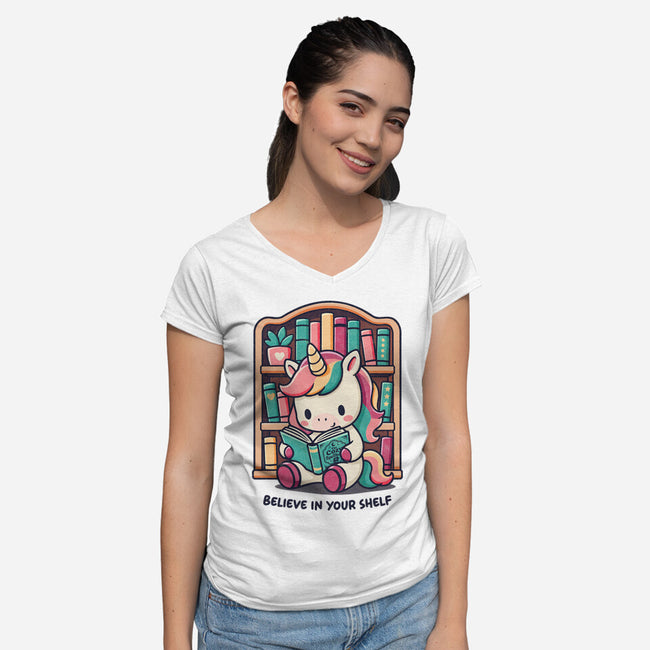 Believe In Your Bookshelf-Womens-V-Neck-Tee-Popnotic