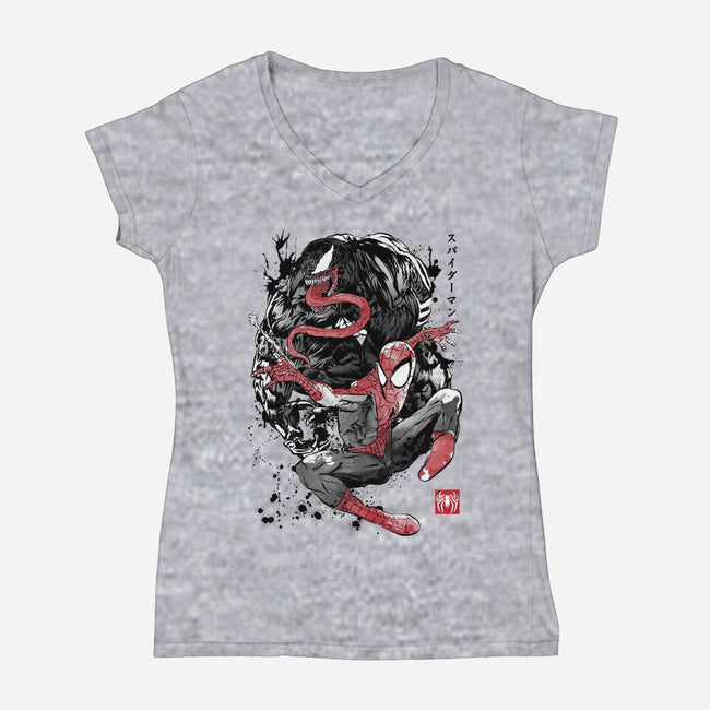 The Spider And The Symbiote Sumi-e-Womens-V-Neck-Tee-DrMonekers