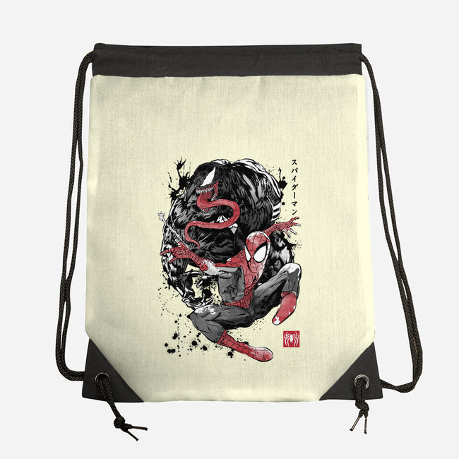 The Spider And The Symbiote Sumi-e-None-Drawstring-Bag-DrMonekers