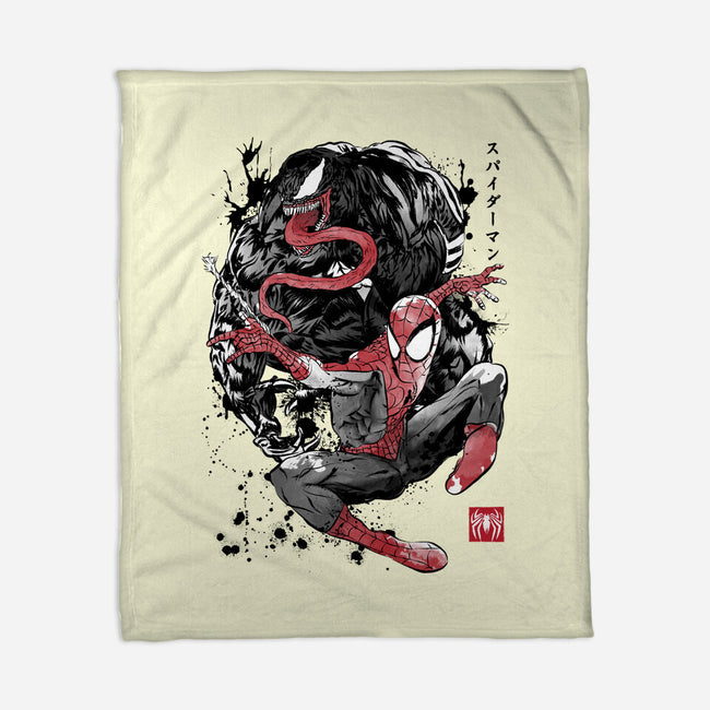 The Spider And The Symbiote Sumi-e-None-Fleece-Blanket-DrMonekers