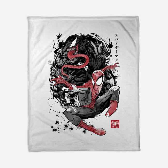 The Spider And The Symbiote Sumi-e-None-Fleece-Blanket-DrMonekers