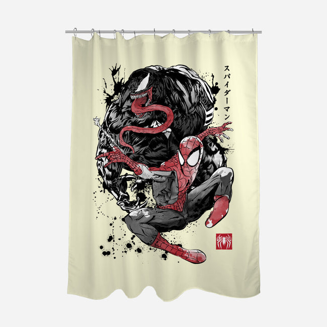 The Spider And The Symbiote Sumi-e-None-Polyester-Shower Curtain-DrMonekers