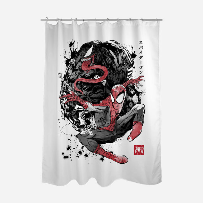 The Spider And The Symbiote Sumi-e-None-Polyester-Shower Curtain-DrMonekers