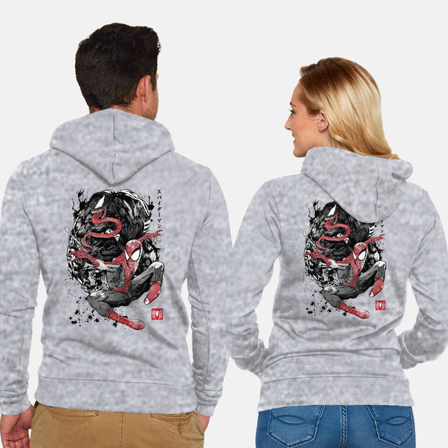 The Spider And The Symbiote Sumi-e-Unisex-Zip-Up-Sweatshirt-DrMonekers
