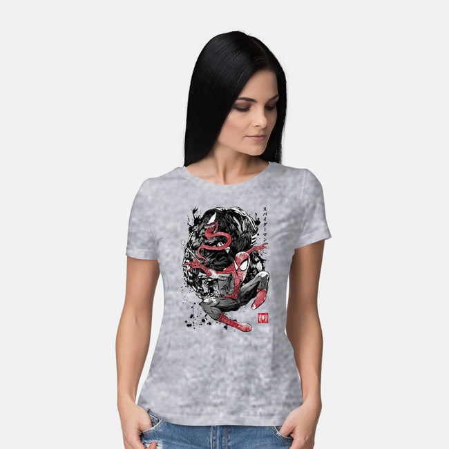 The Spider And The Symbiote Sumi-e-Womens-Basic-Tee-DrMonekers
