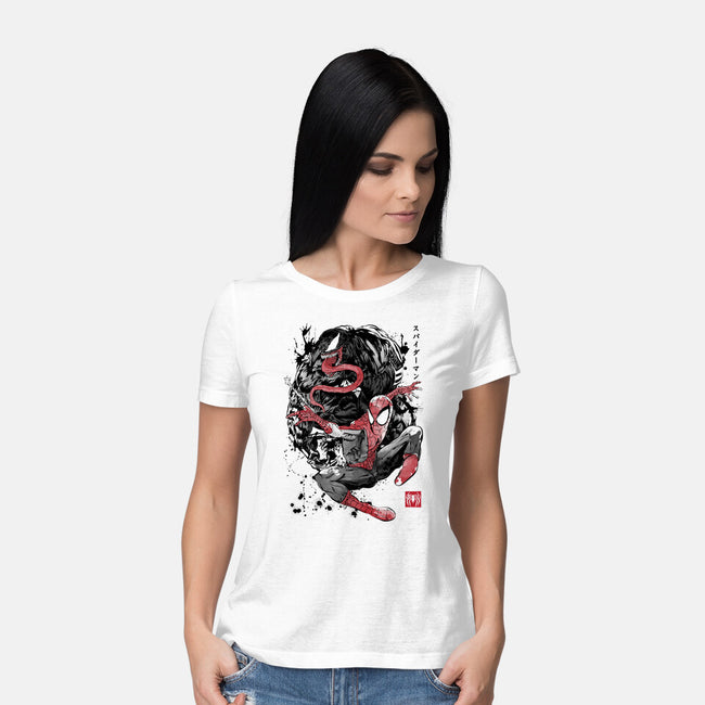 The Spider And The Symbiote Sumi-e-Womens-Basic-Tee-DrMonekers