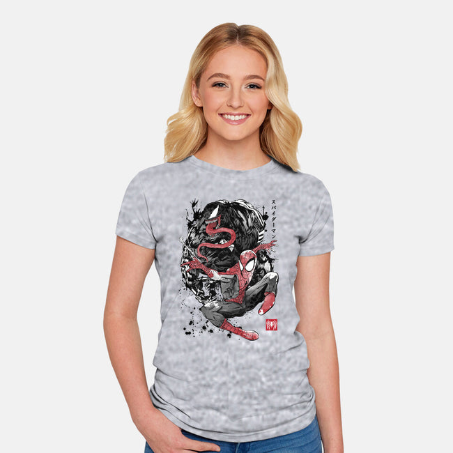The Spider And The Symbiote Sumi-e-Womens-Fitted-Tee-DrMonekers