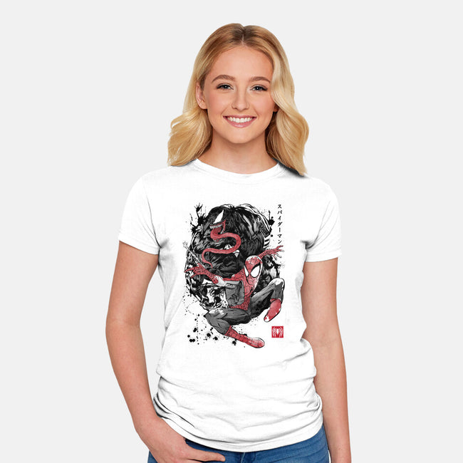 The Spider And The Symbiote Sumi-e-Womens-Fitted-Tee-DrMonekers