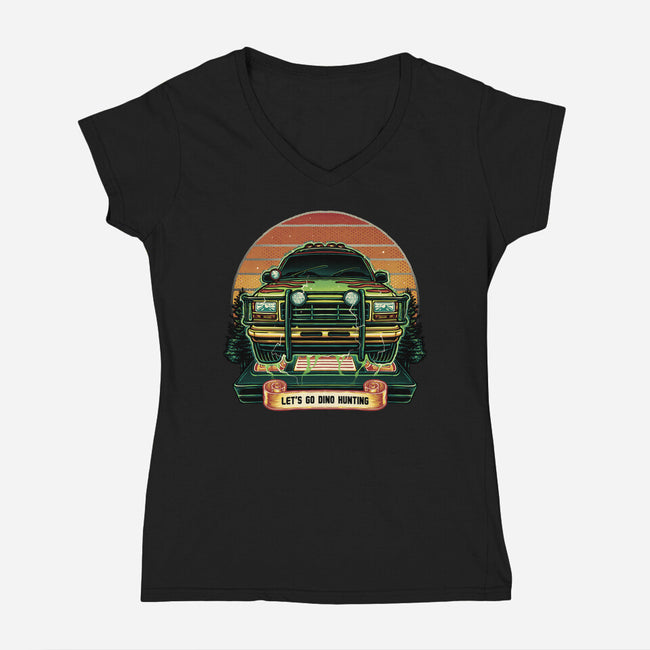 Dino Hunting Sunset-Womens-V-Neck-Tee-glitchygorilla