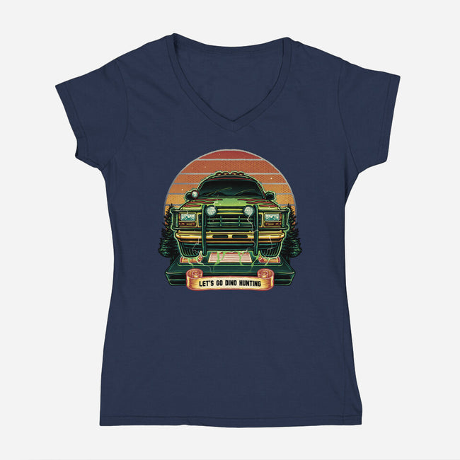 Dino Hunting Sunset-Womens-V-Neck-Tee-glitchygorilla