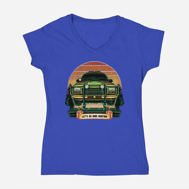 Dino Hunting Sunset-Womens-V-Neck-Tee-glitchygorilla