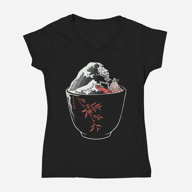 Kanagawa Coffee Cup Surfing-Womens-V-Neck-Tee-tobefonseca