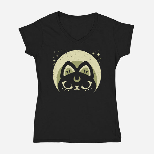 Half Moon Witchy Cat-Womens-V-Neck-Tee-xMorfina