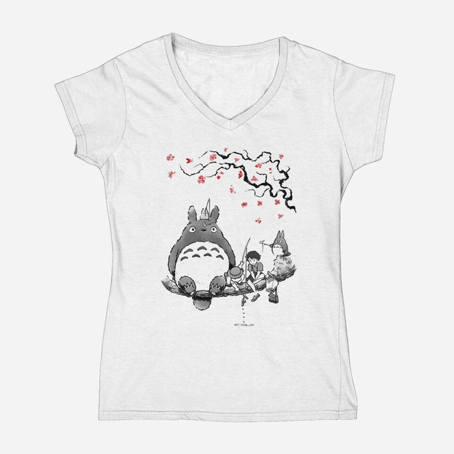 Mystic Forest Friend Sumi-E-Womens-V-Neck-Tee-Astrobot Invention