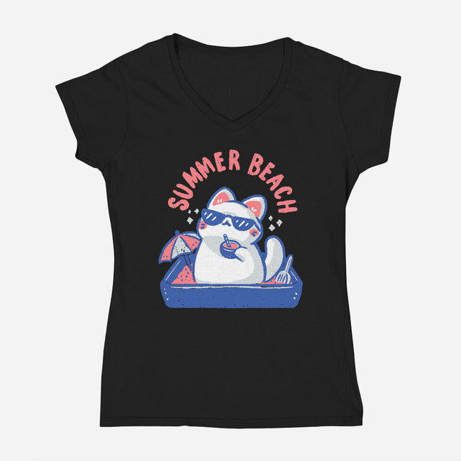 Funny Summer Beach Cat-Womens-V-Neck-Tee-xMorfina