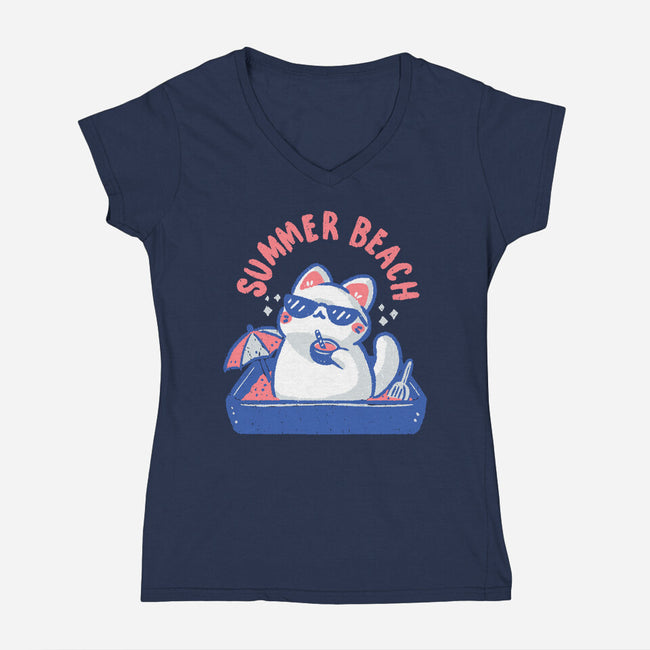 Funny Summer Beach Cat-Womens-V-Neck-Tee-xMorfina