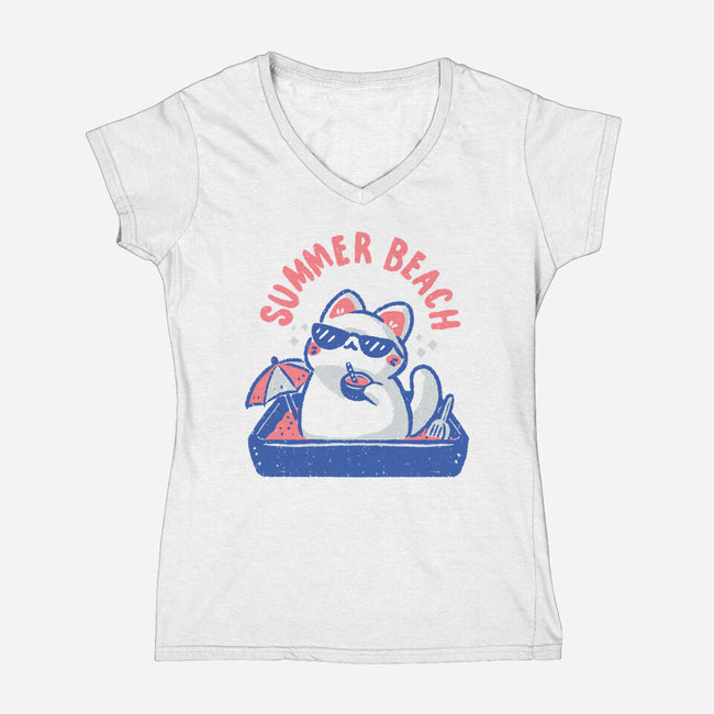 Funny Summer Beach Cat-Womens-V-Neck-Tee-xMorfina