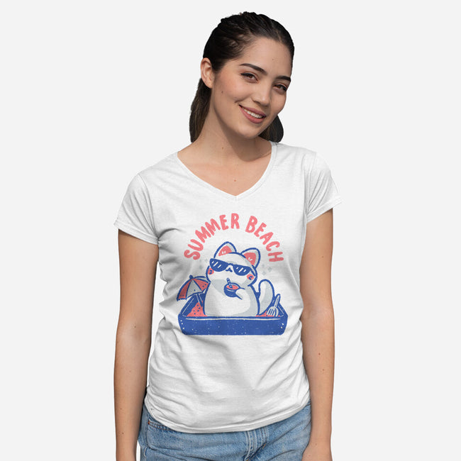 Funny Summer Beach Cat-Womens-V-Neck-Tee-xMorfina