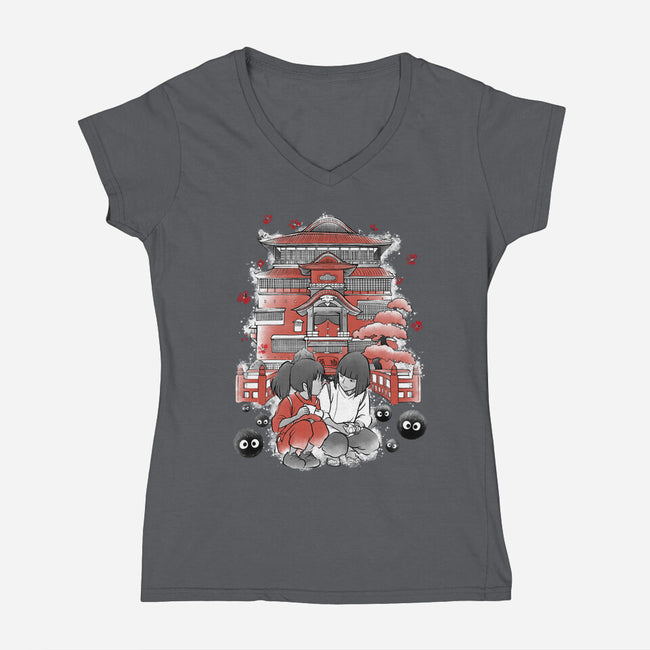 Dragon And The Dreamer Sumi-E-Womens-V-Neck-Tee-Astrobot Invention