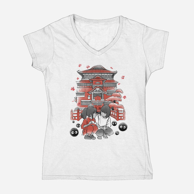 Dragon And The Dreamer Sumi-E-Womens-V-Neck-Tee-Astrobot Invention