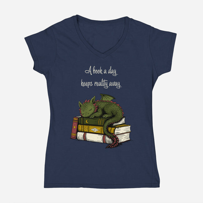 A Book A Day Keeps Reality Away-Womens-V-Neck-Tee-Mattania