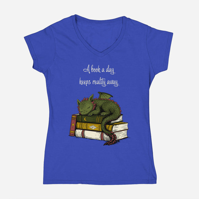 A Book A Day Keeps Reality Away-Womens-V-Neck-Tee-Mattania