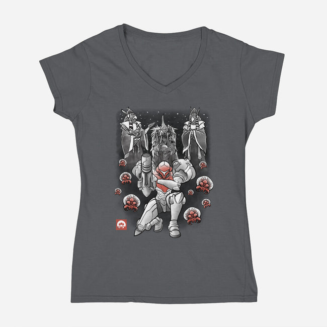 Galactic Bounty Sumi-E-Womens-V-Neck-Tee-Astrobot Invention