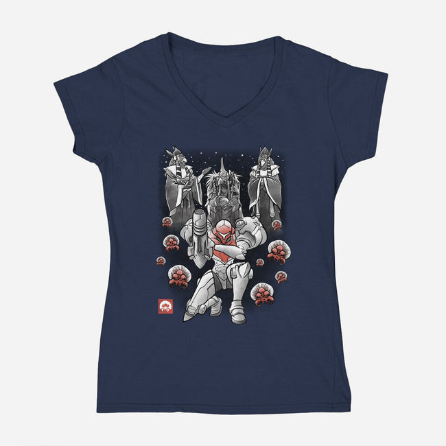 Galactic Bounty Sumi-E-Womens-V-Neck-Tee-Astrobot Invention