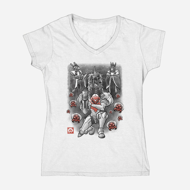 Galactic Bounty Sumi-E-Womens-V-Neck-Tee-Astrobot Invention
